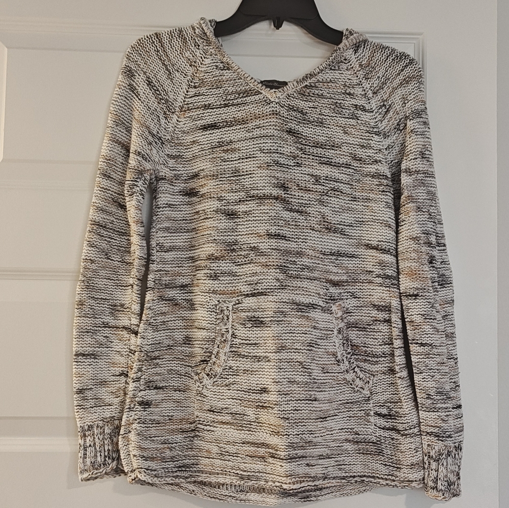 Eddie Bauer XS Hooded Pullover Sweater | Cream & Tan Earth Tones | Front Pocket